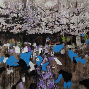 Hanami 2: dripping amethyst stones and sepia oil paint in a desolate landscape: tsunami during the cherry blossom season.