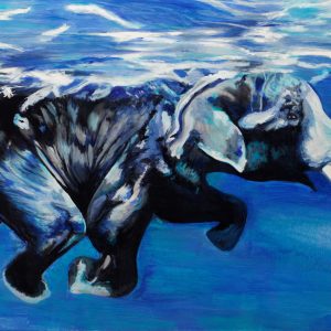 Swimming elephant 2: In a series about water, I painted a huge blue young elephant swimming from one island to an other