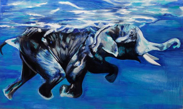 Swimming elephant 2: In a series about water, I painted a huge blue young elephant swimming from one island to an other