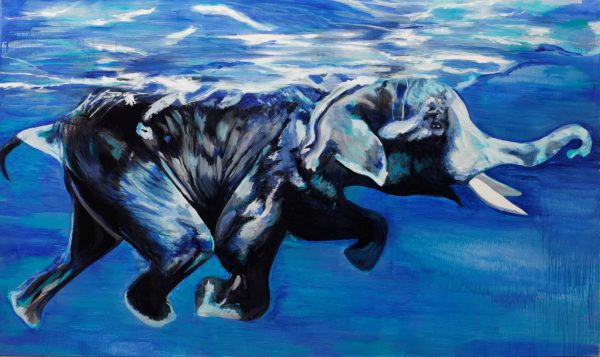 Swimming elephant 2: In a series about water, I painted a huge blue young elephant swimming from one island to an other