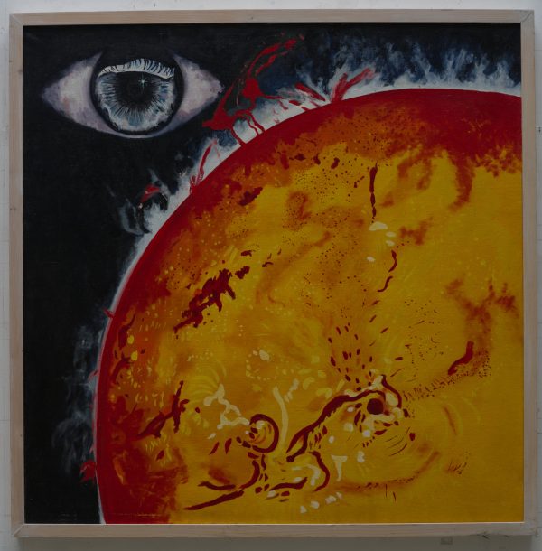 painting: the sun as the center of our universe, an eye is watching us while eruptions occur