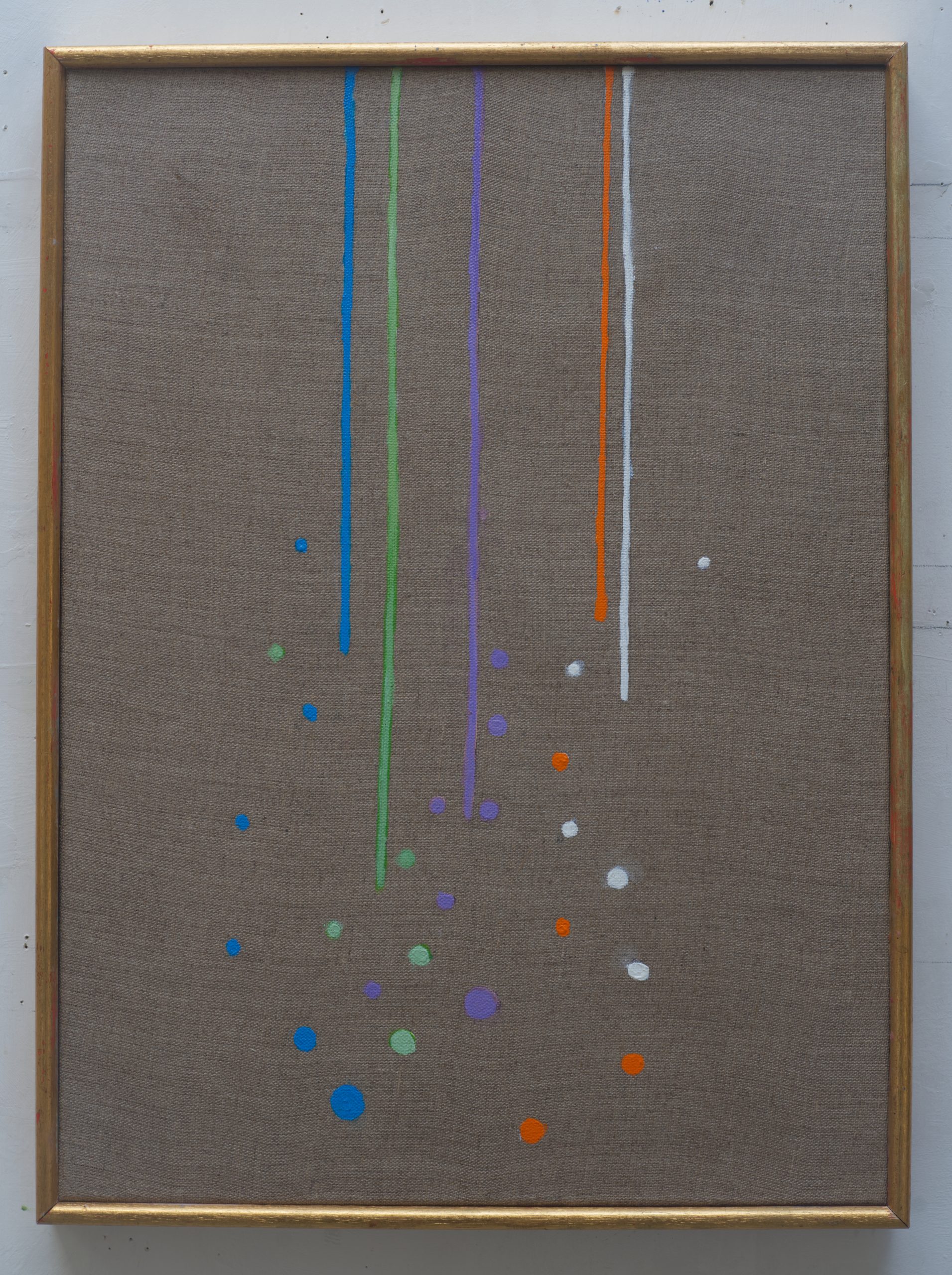 colored lines and dots on unpainted linen